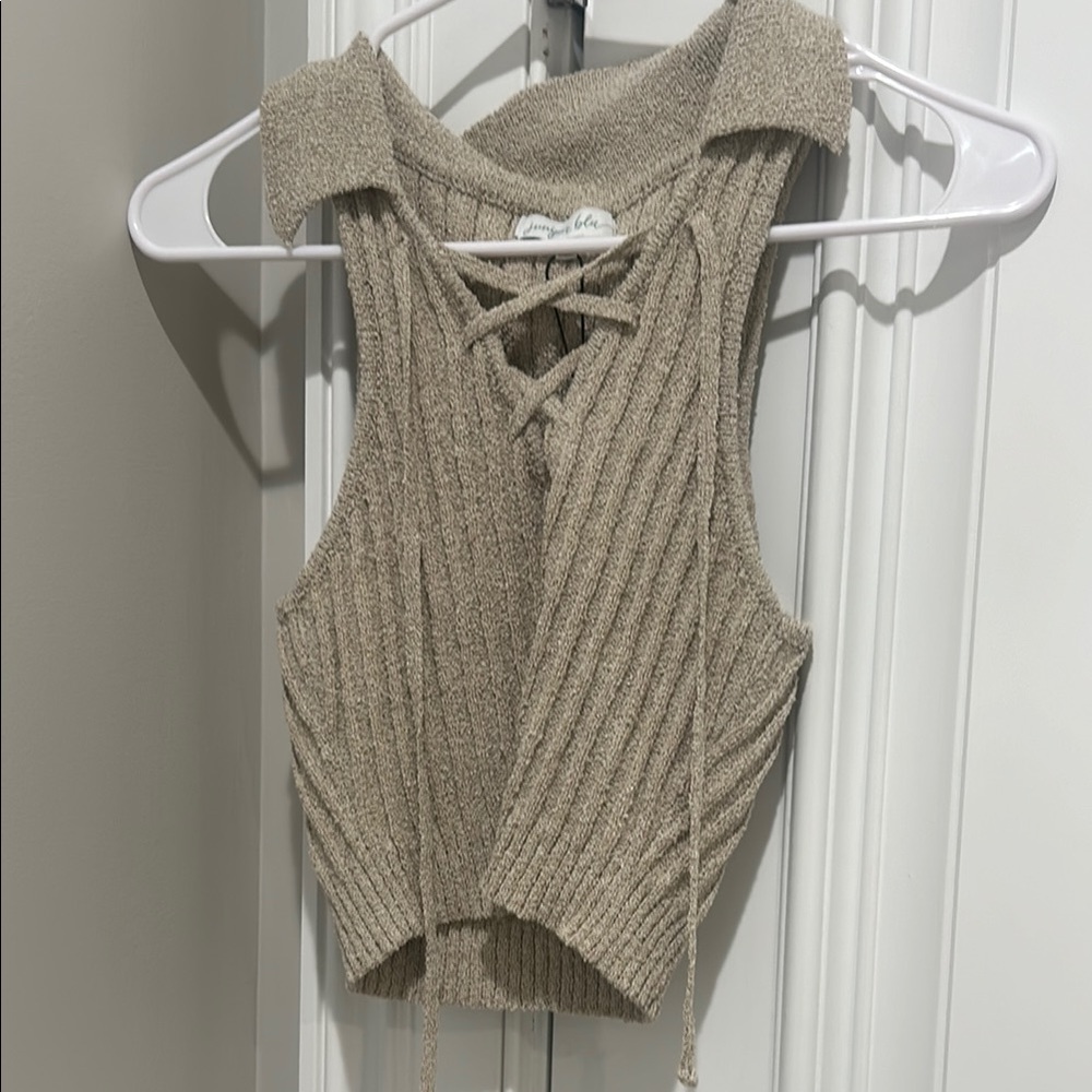 Tan Ribbed Cut Out Crop Top